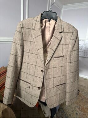 Kids Beige Windowpane Sport Coat Blazer